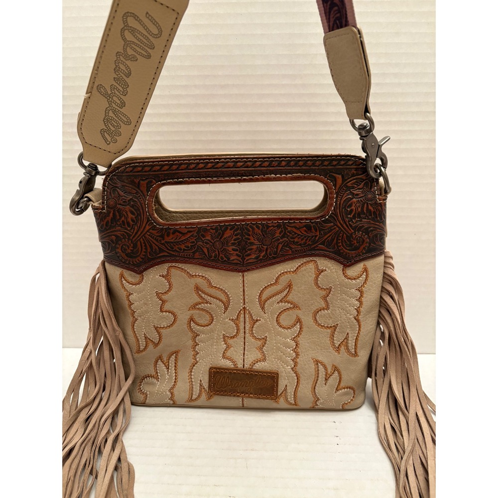 Wrangler Western Crossbody Bag Tan Fringed Tooled Floral Guitar Strap Purse
